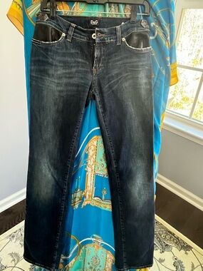 D&G Women Faded Blue Straight Jeans with Black Leather Trim